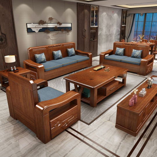 Bộ Sofa Gỗ Căm Xe Màu Tự Nhiên Kiểu Đối 5 Món 